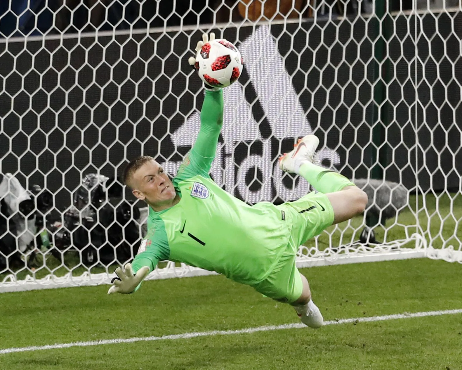 Jordan Pickford saves Carlos Bacca’s penalty to send England through against Colombia in the 2018 World Cup.