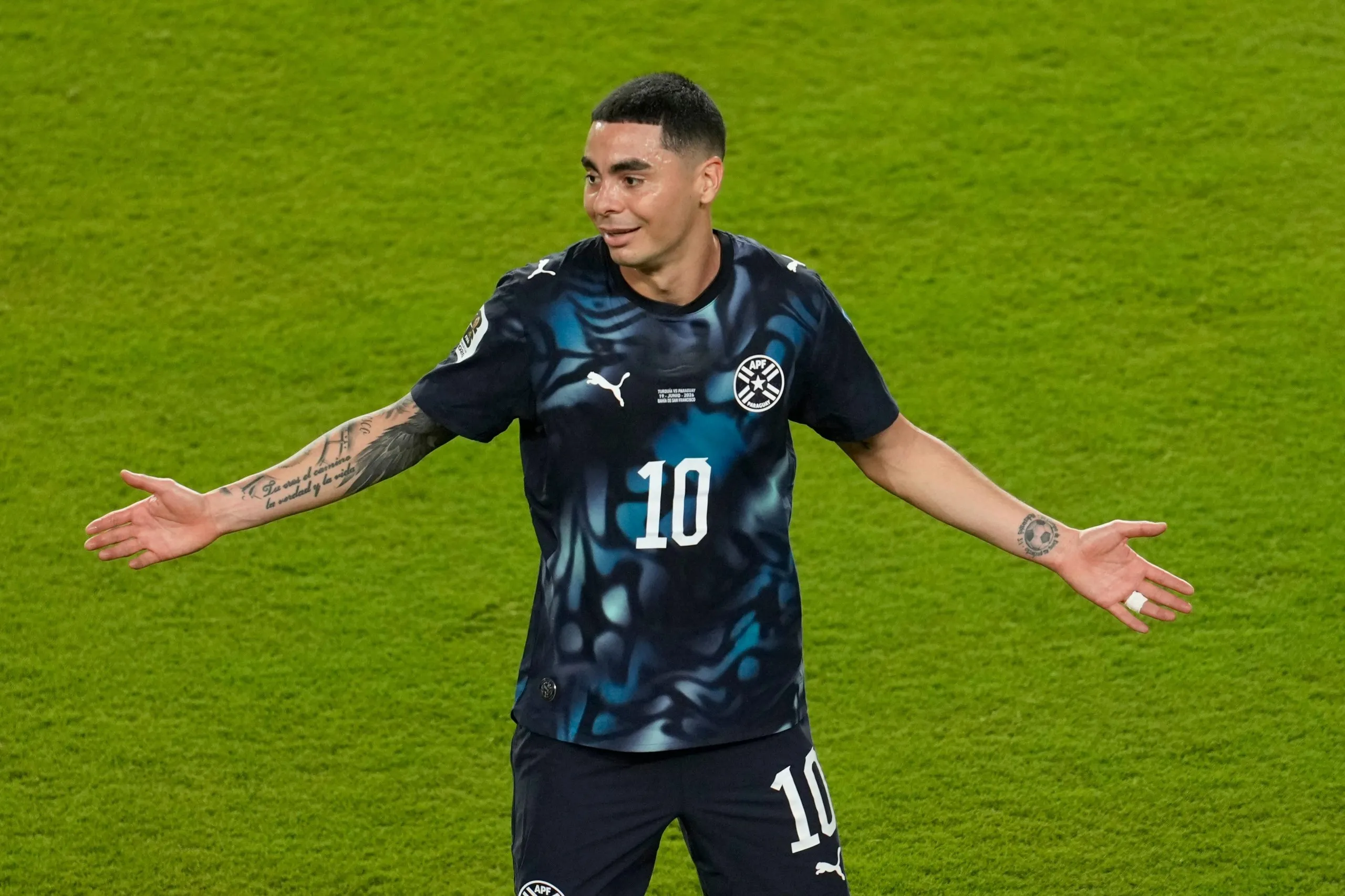 Paraguay’s Miguel Almirón reacts after he received a red card against Turkey.