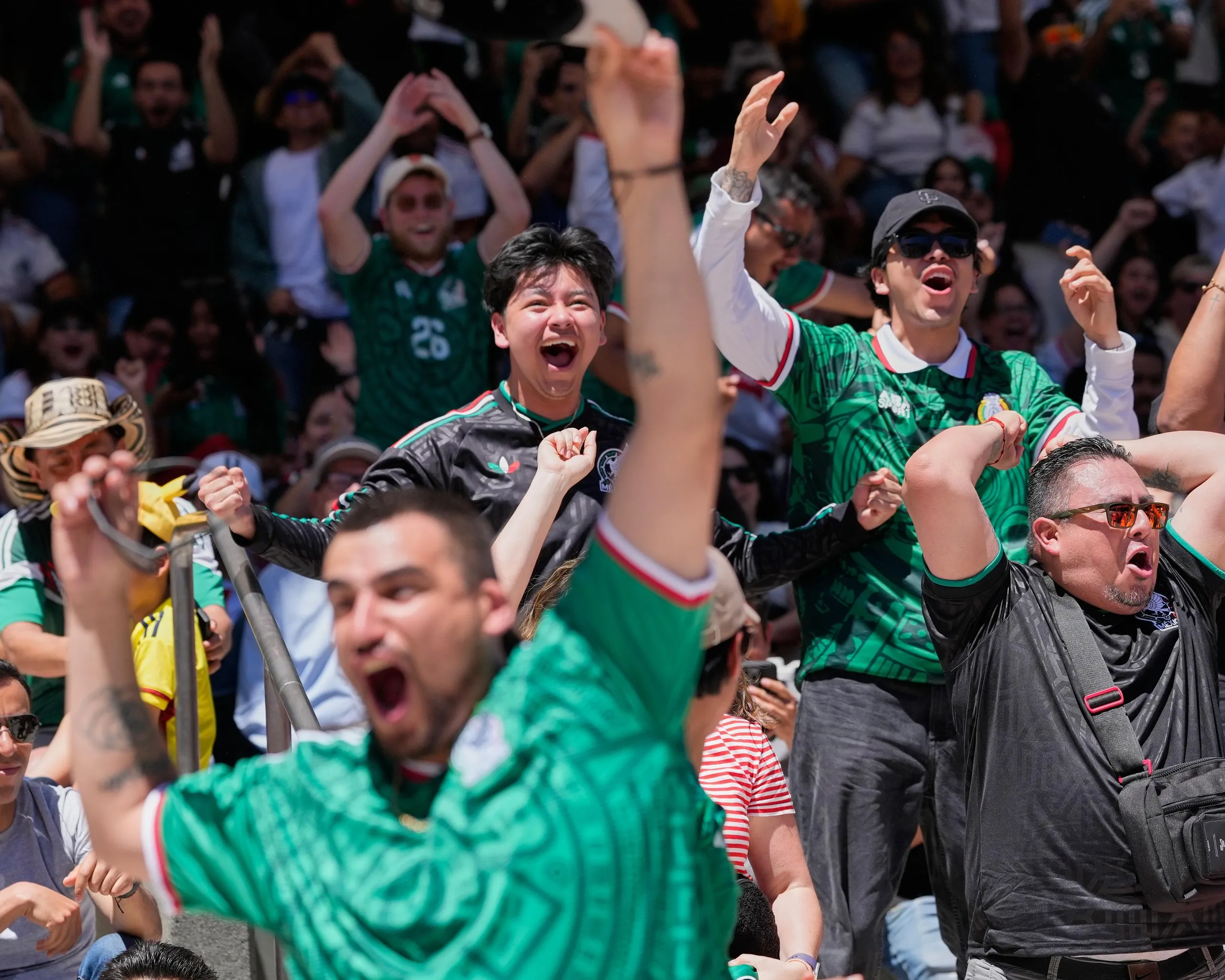 Mexico fans shout and jump in the air with their hands raised