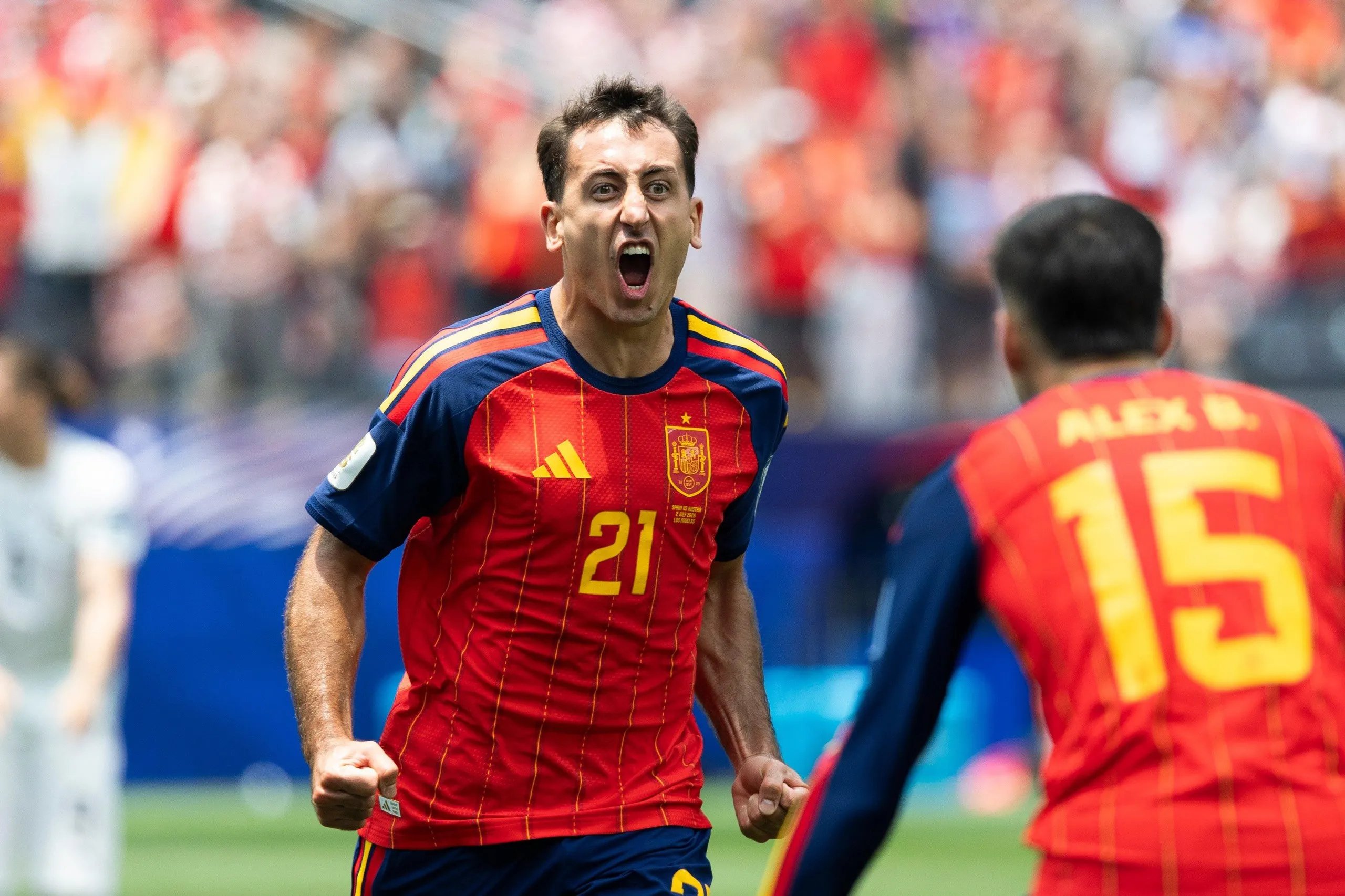 Mikel Oyarzabal celebrates a goal for Spain