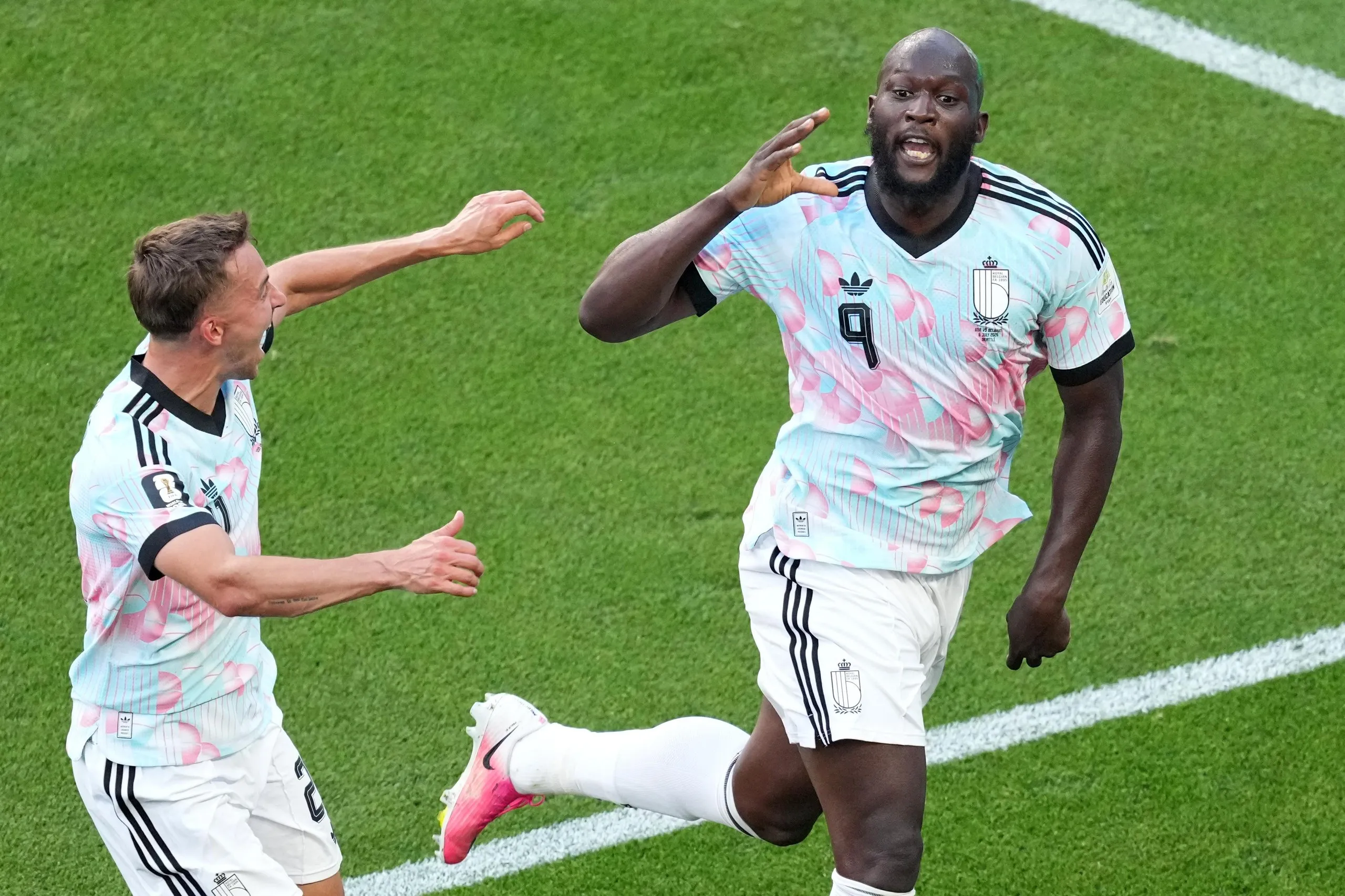 Belgium’s Romelu Lukaku (right) celebrates after scoring his side’s fourth goal against the USA.
