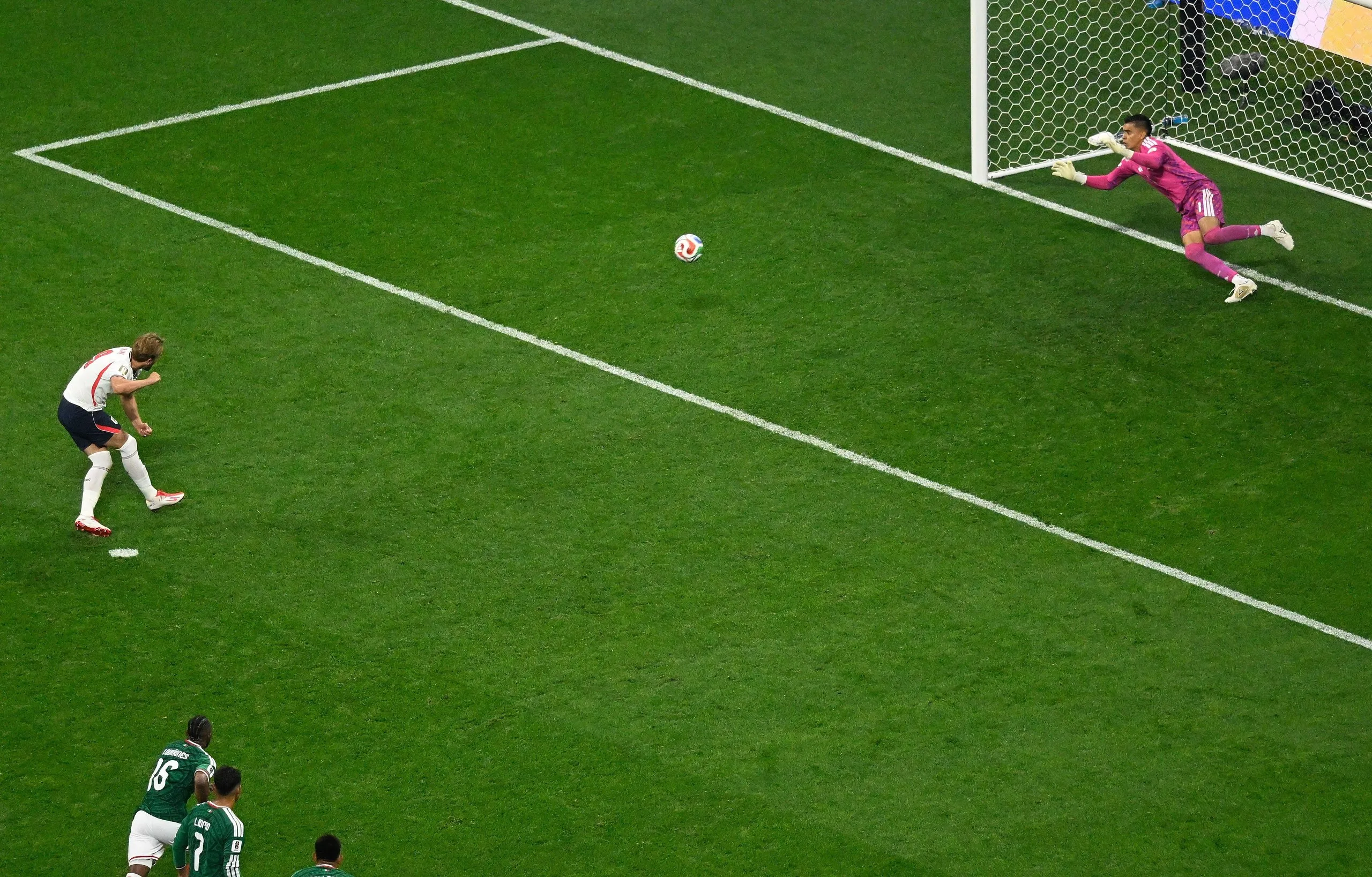 Harry Kane scores against Mexico. 