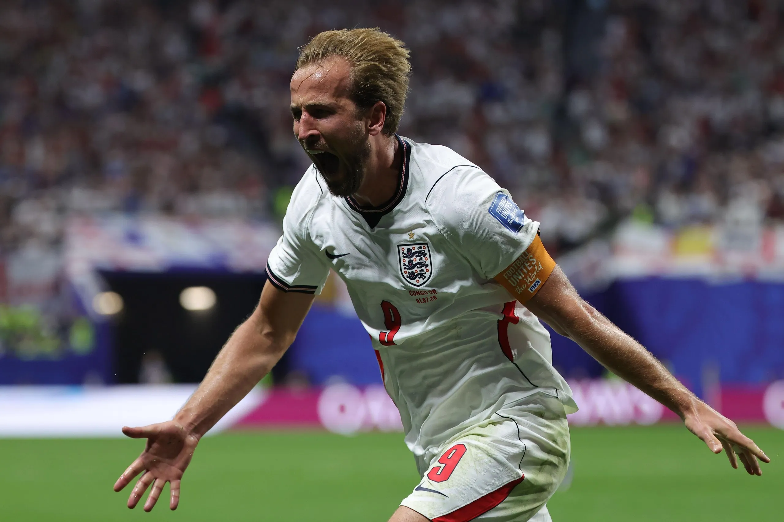 Harry Kane celebrates scoring England's winner against the Democratic Republic of the Congo