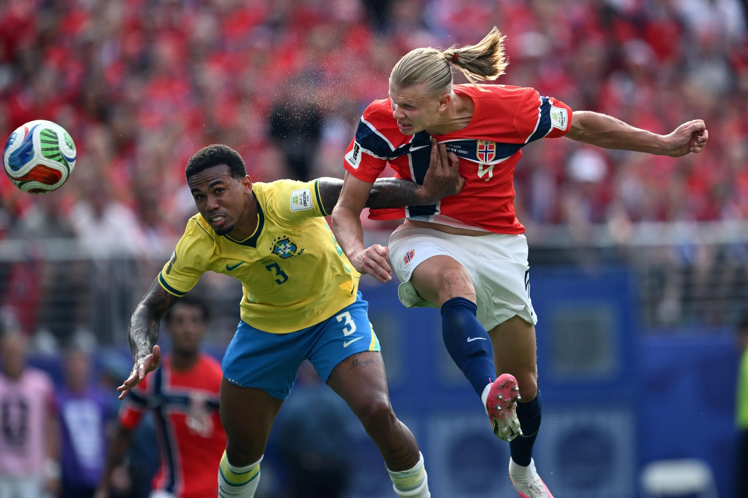 Haaland beats Gabriel Magalhães to head home Andreas Schjelderup’s cross and put Norway 1-0 up against Brazil