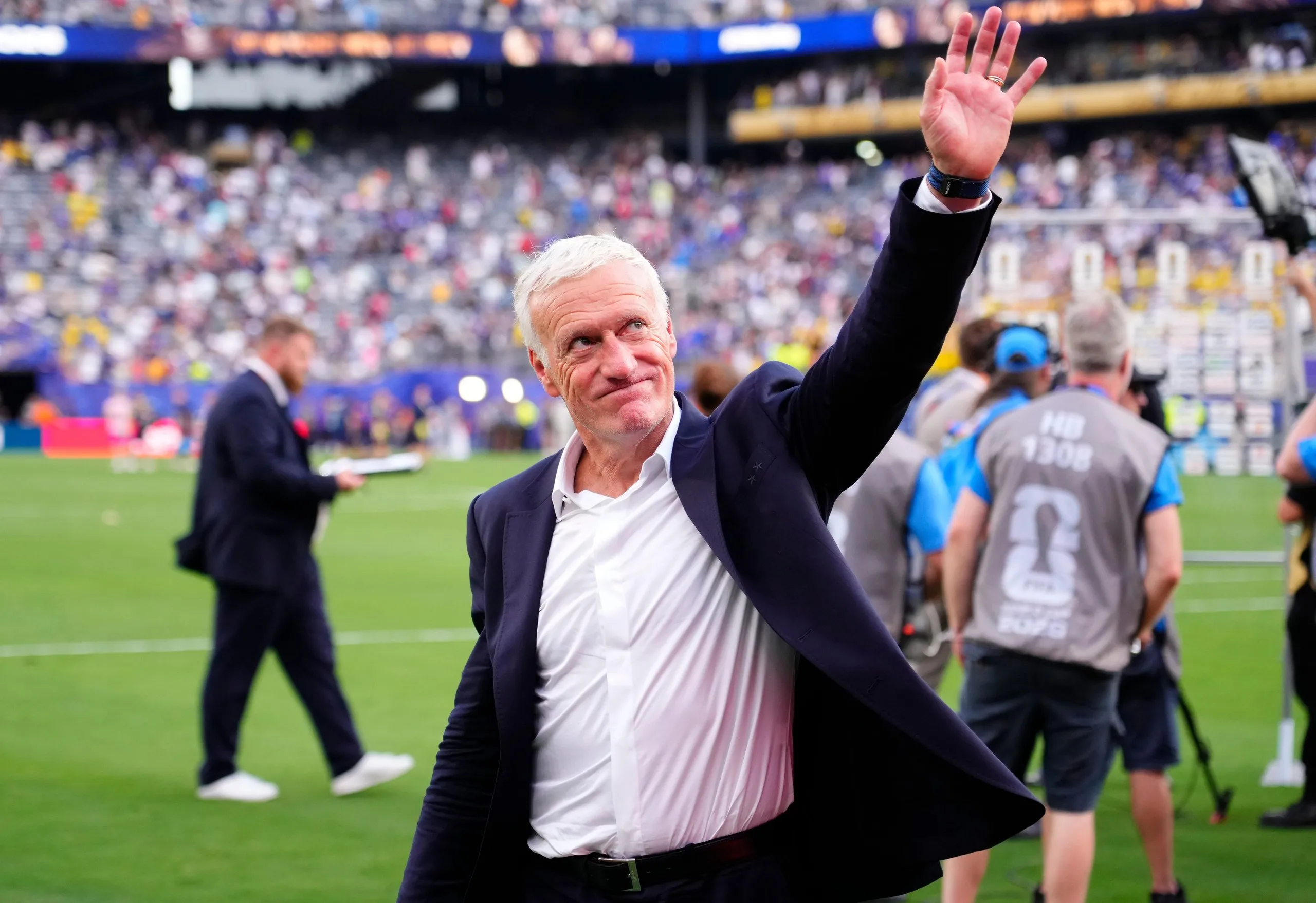 Didier Deschamps, head coach of France, celebrates the victory and greets the supporters after beatinggg Sweden